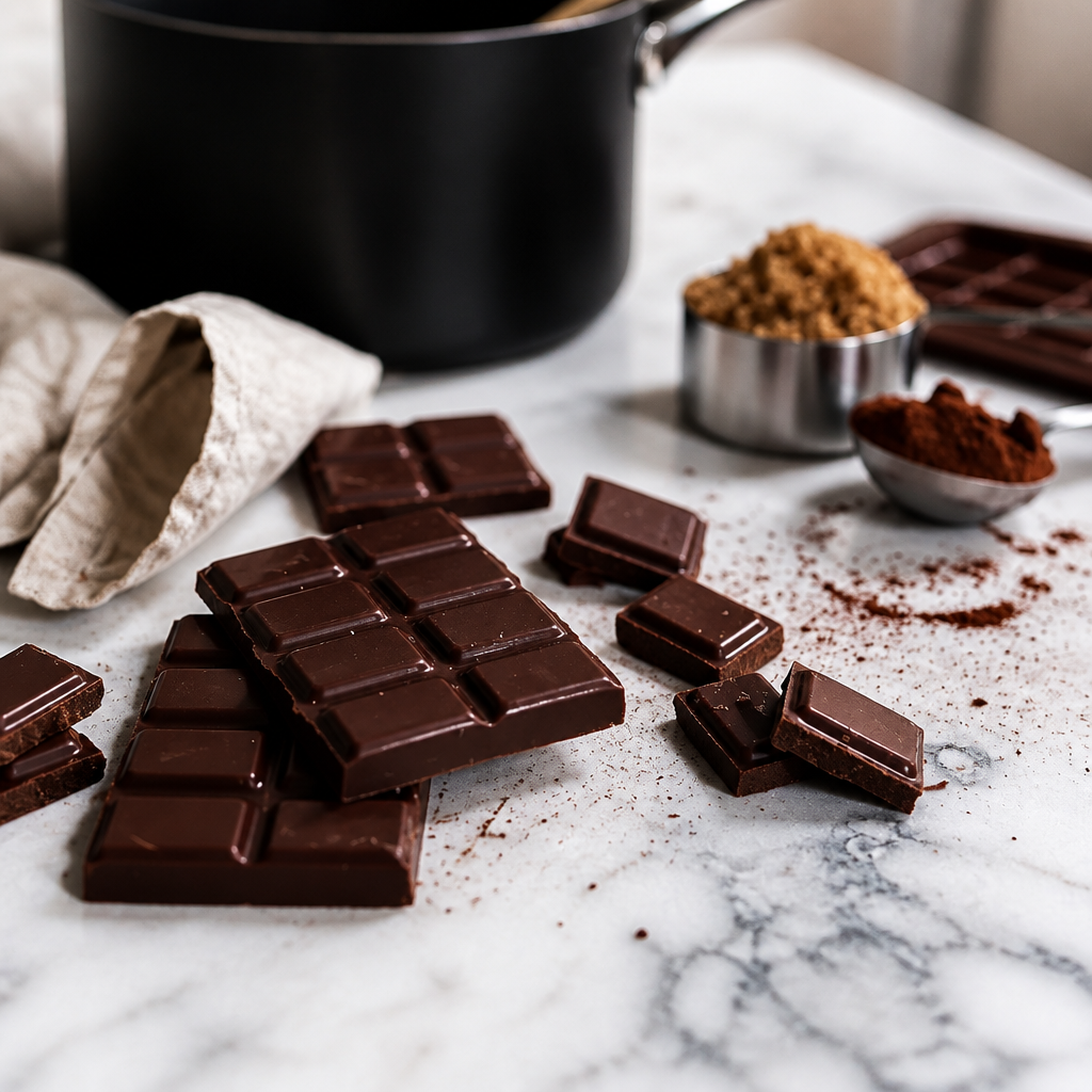 Dark chocolate bars and broken chocolate pieces scattered on a light marble surface alongside baking ingredients. A dark saucepan sits in the background next to a metal measuring cup filled with brown sugar, a spoon of cocoa powder, and a silicone chocolate mold.   
