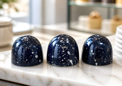 Three glossy, dome-shaped dark chocolates speckled with white dots rest in a row on a white marble surface. The background features a soft-focus display cabinet with bakery treats.