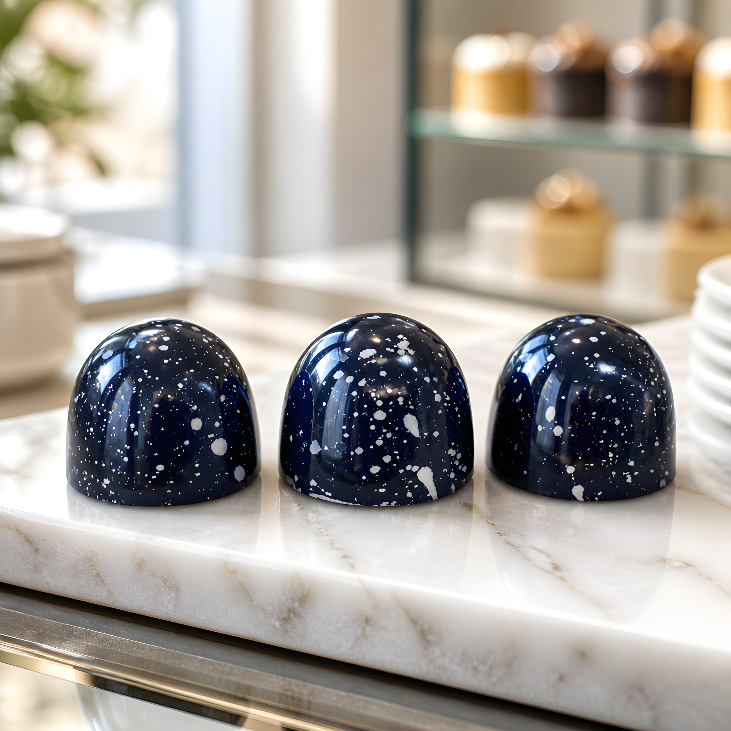 Three glossy, dome-shaped dark chocolates speckled with white dots rest in a row on a white marble surface. The background features a soft-focus display cabinet with bakery treats.