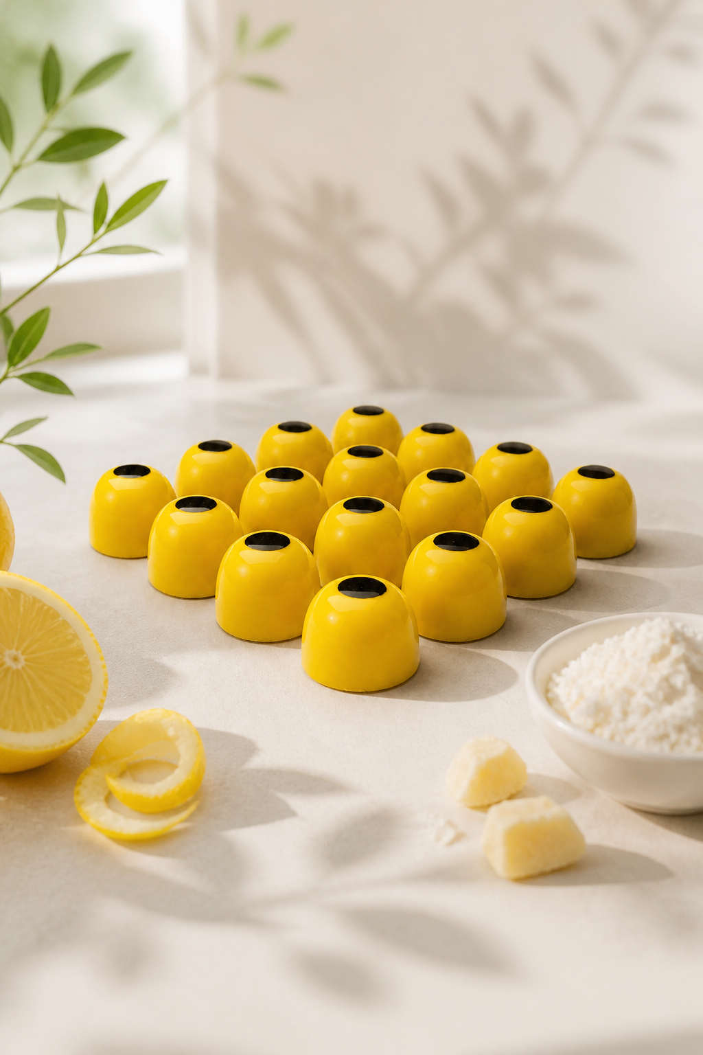 Glossy, vibrant yellow dome-shaped honey and gold chocolates topped with a single dark circle dot